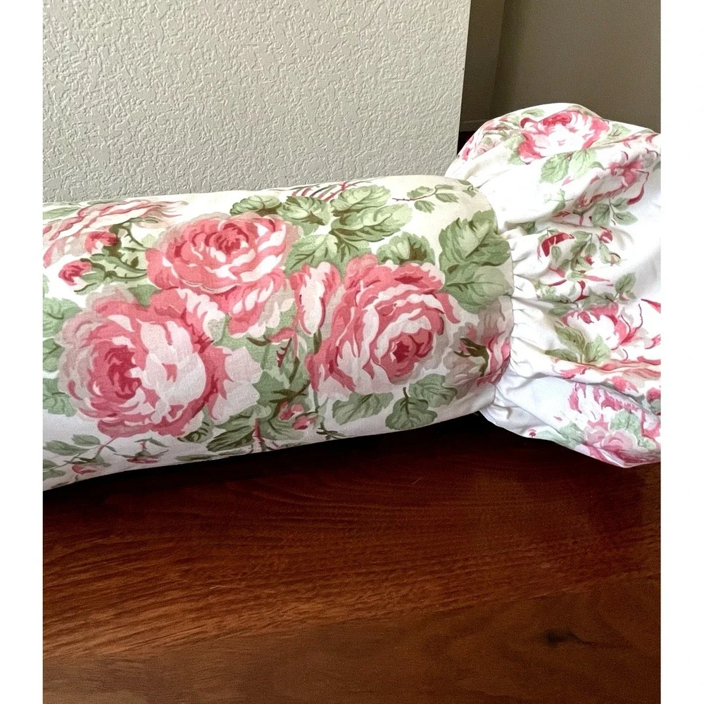 Vtg Laura Ashley Country Roses Pink Ruffled BOLSTER PILLOW Shabby Chic NEW